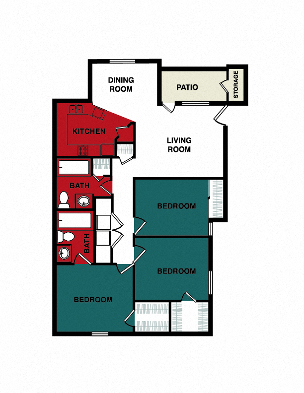Floor plan for 3 beds, 2 baths, 1098 sqft